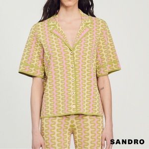 Sandro **NWT** Granier Short Sleeve Cardigan in Wavy Crochet Pink / Green Multi